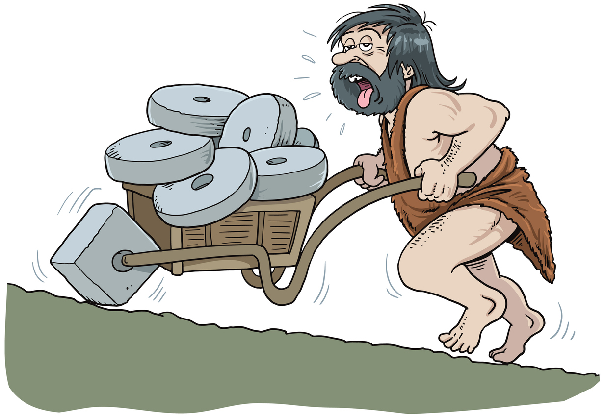 Caveman pushing cart with square wheels